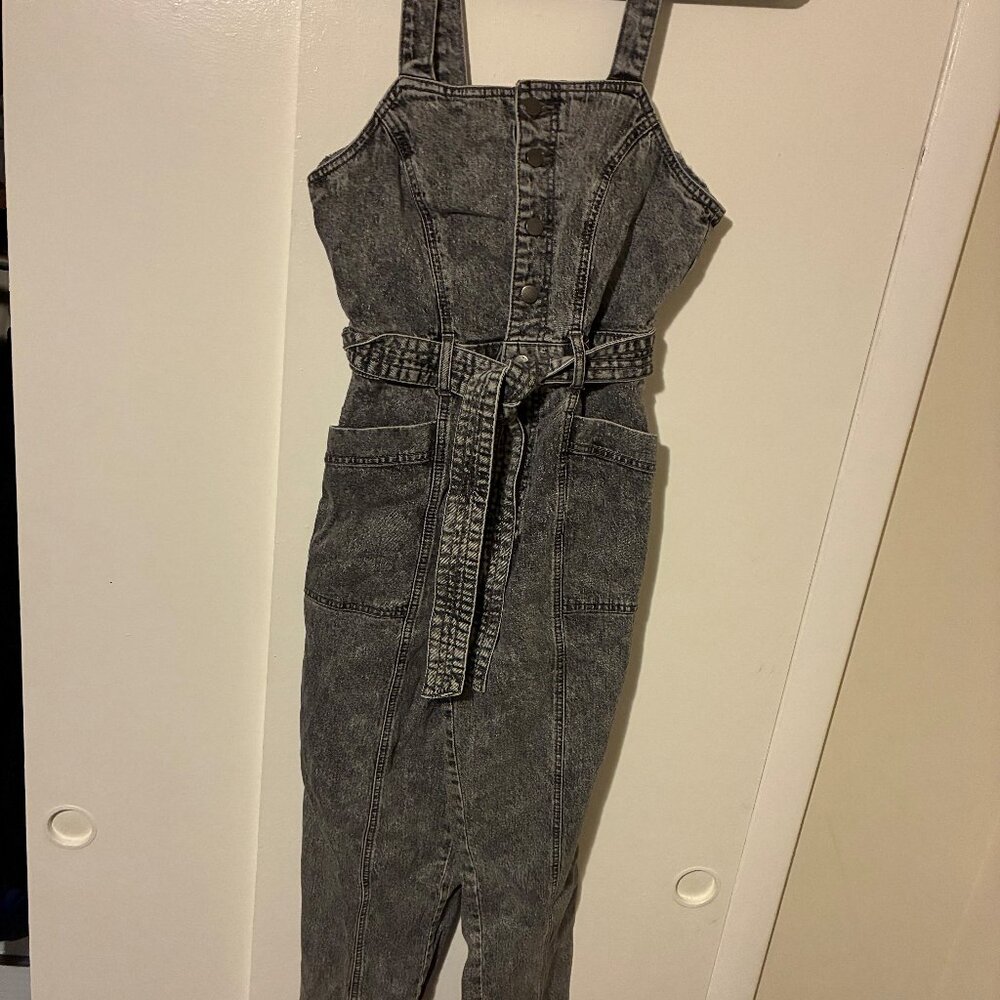 Gray denim overalls with tie belt